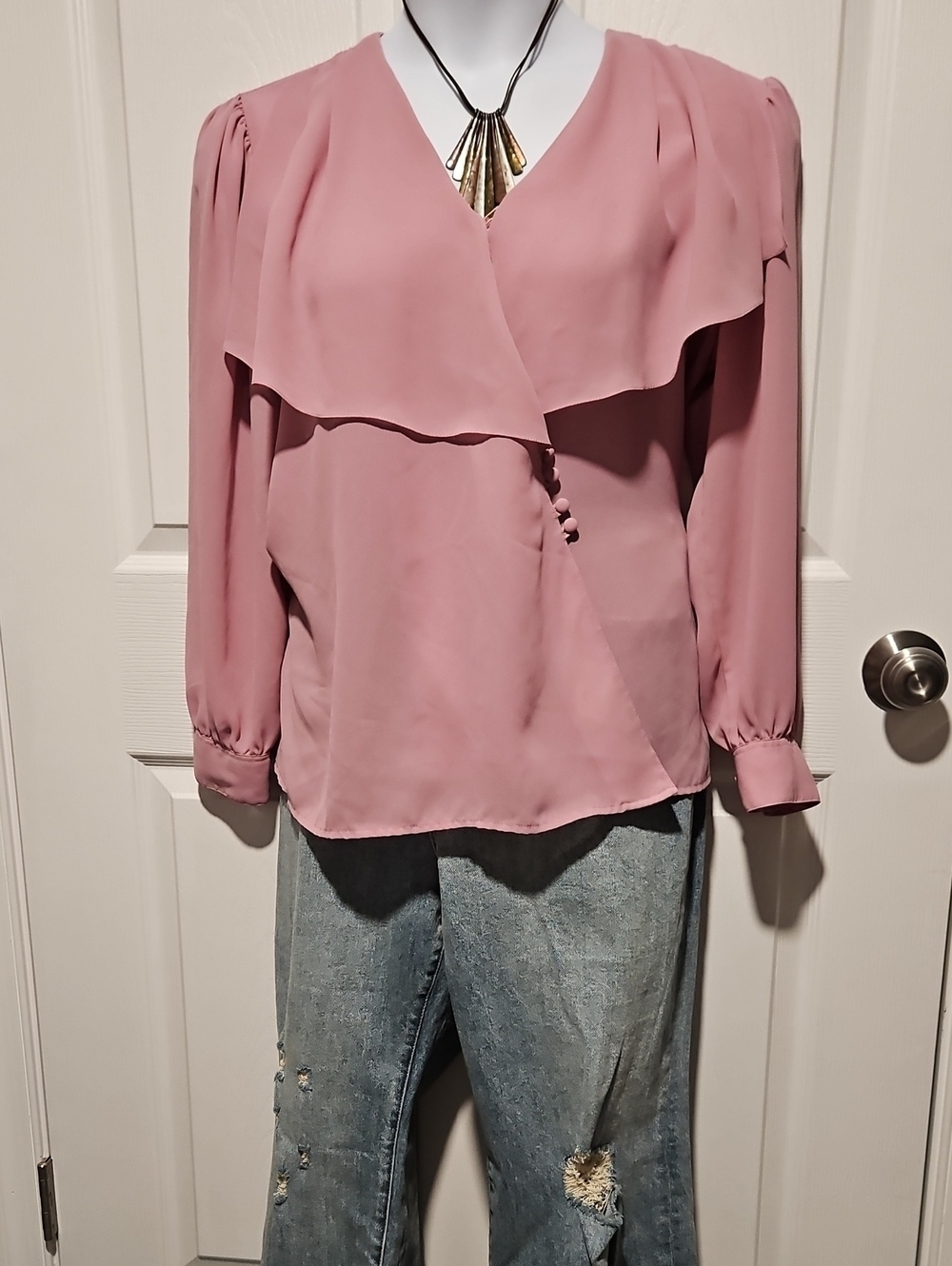 Vintage Womens Dusty Rose Wrap-Front Blouse with Draped Overlay